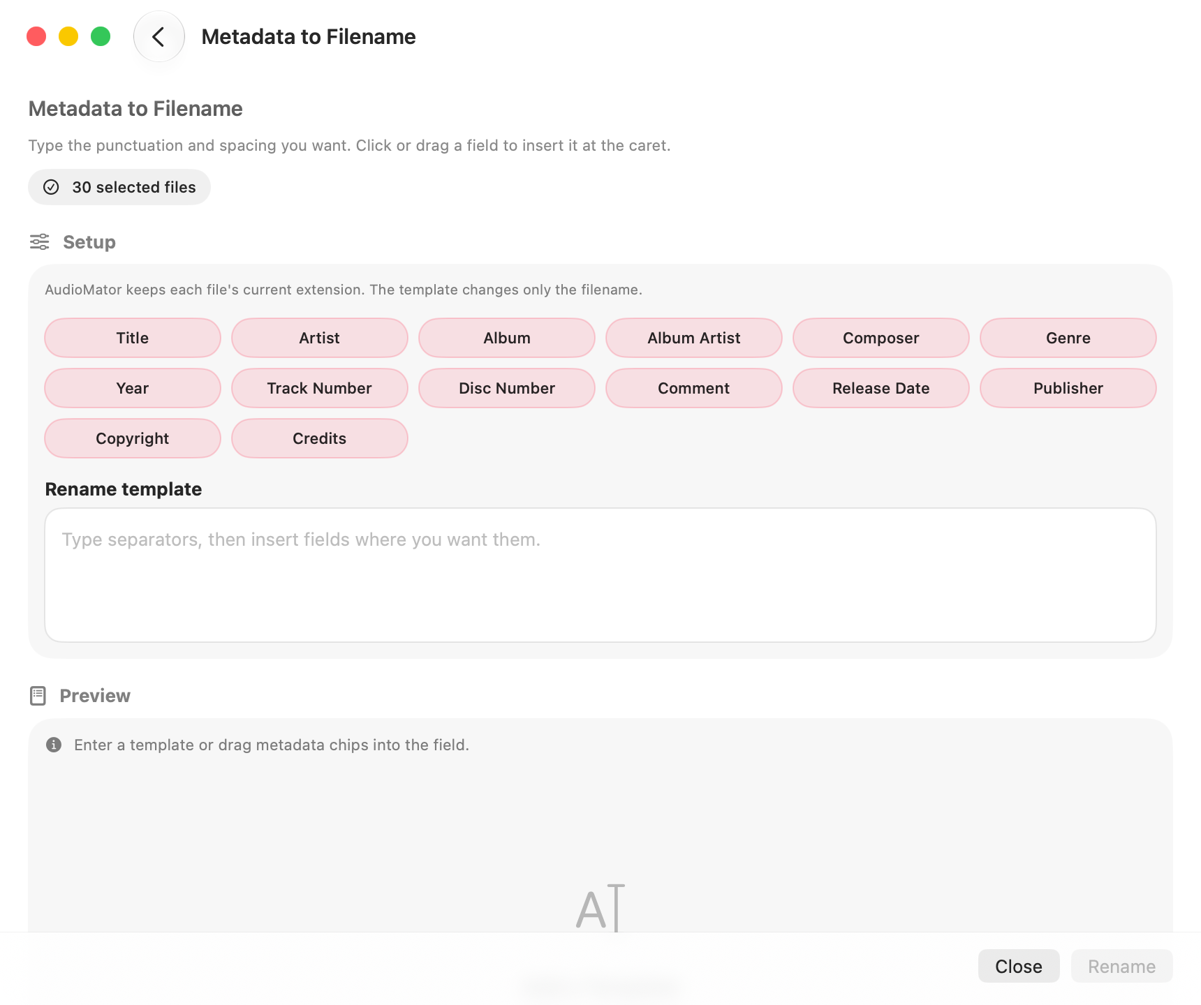 AudioMator metadata and text conversion interface.